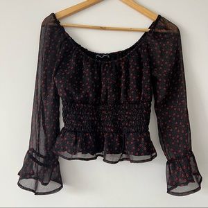 Abercrombie Smocked Black Flowery Peasant Blouse